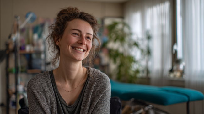 Jeune thérapeute souriante assise dans un cabinet lumineux, représentant la reconversion réussie vers une pratique indépendante en Suisse.